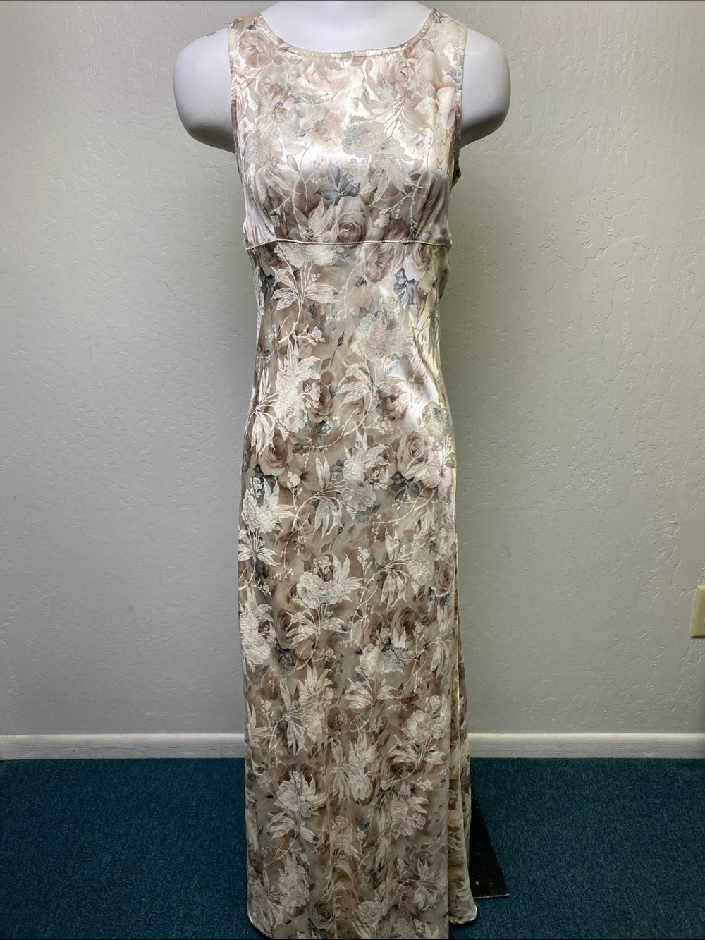 All That Jazz Sleeveless Floral Satin Maxi in Beige and Cream